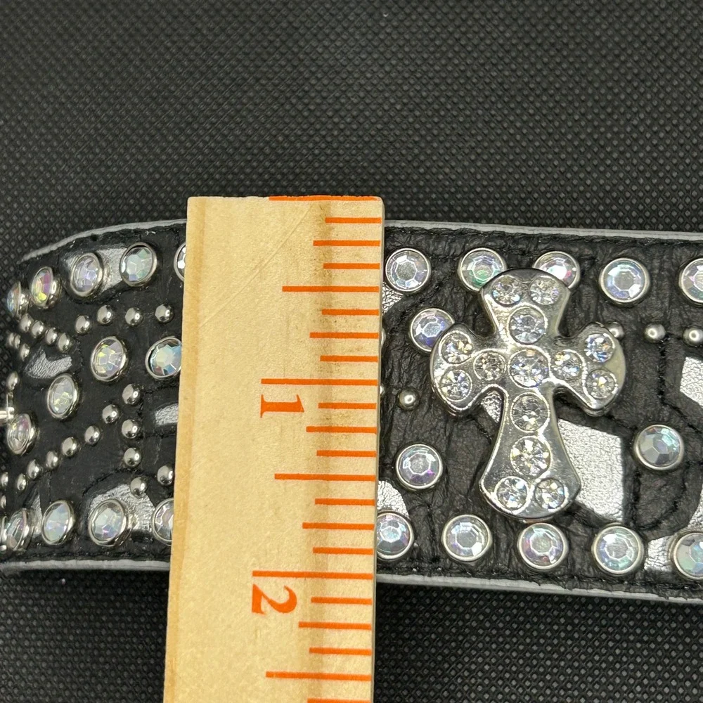 Punk Western Leather Cross Cuff Bracelet Black Silver Rhinestone Studded Edgy 7